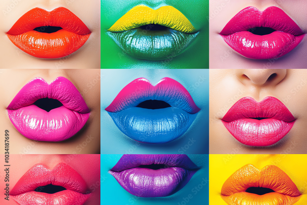 A vibrant collage of colorful lips showcasing different shades and styles against a bright background. A vibrant collage of colorful lips showcasing different shades and styles against a bright background.