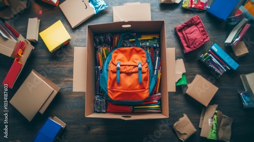 Back to School Donation Drive, a cardboard box overflowing with vibrant school supplies, a colorful backpack, promoting community support for students in need.