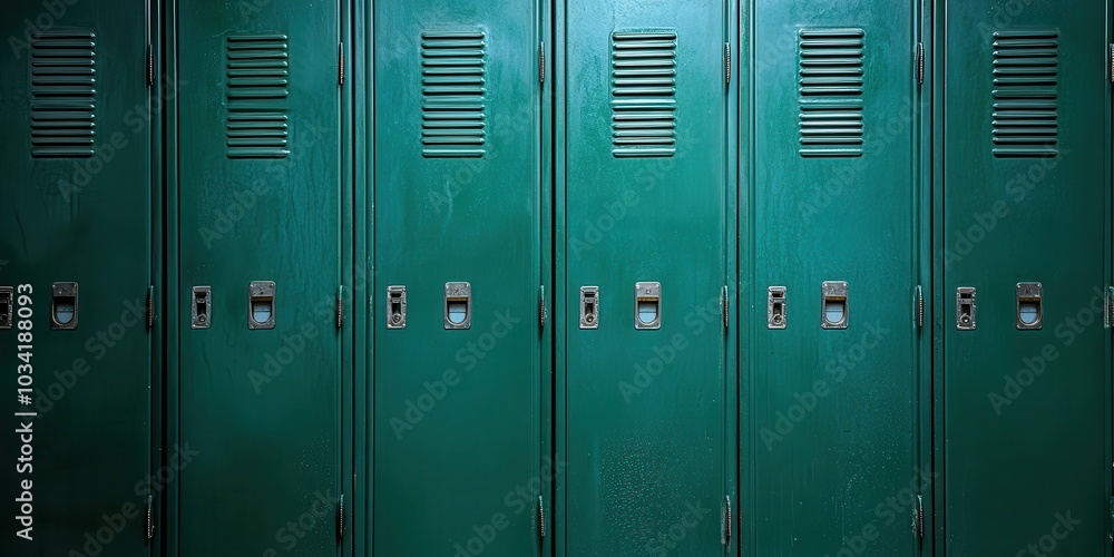 A row of teal school lockers lined up, representing organization, security, and student life in educational institutions. A row of teal school lockers lined up, representing organization, security, and student life in educational institutions.