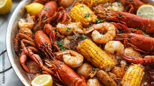 A plate with seafood, shrimp, crawfish, corn, and lemon, garnished with herbs