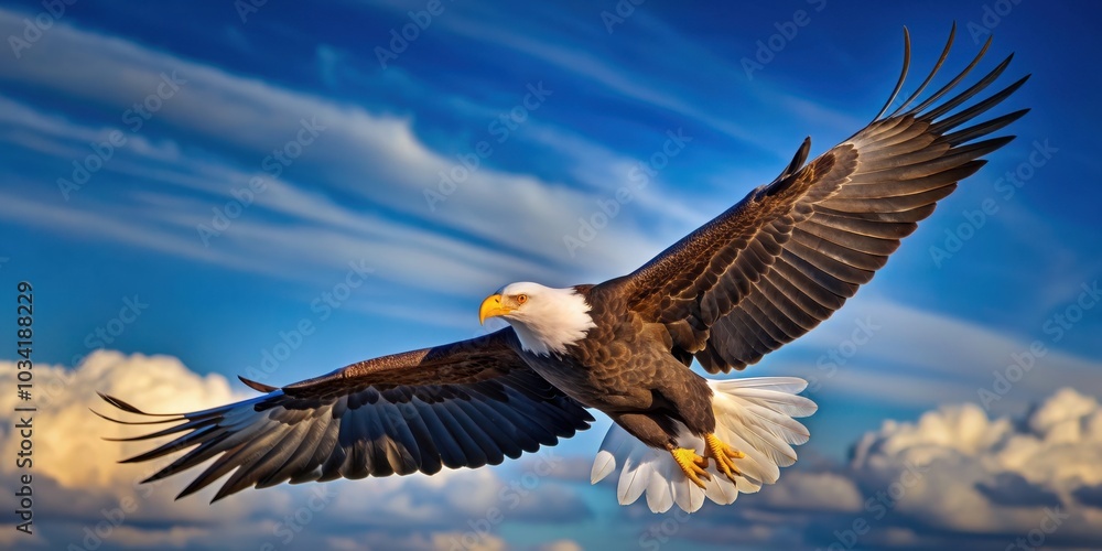 Fototapeta premium Bald eagle soaring through the sky , majestic, powerful, wildlife, freedom, America, national symbol