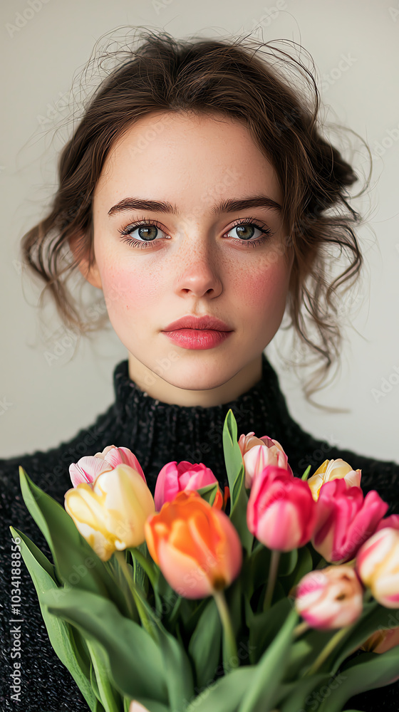 Young woman with colorful tulips bouquet Young woman with colorful tulips bouquet