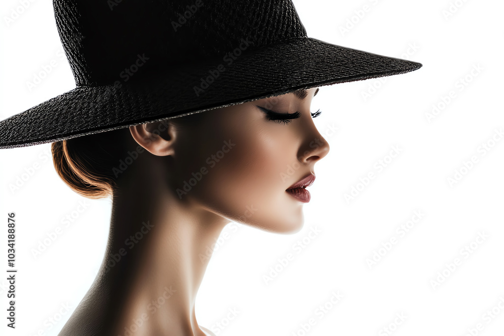 Elegant profile of a woman in a stylish hat against a white background, showcasing beauty and fashion. Elegant profile of a woman in a stylish hat against a white background, showcasing beauty and fashion.
