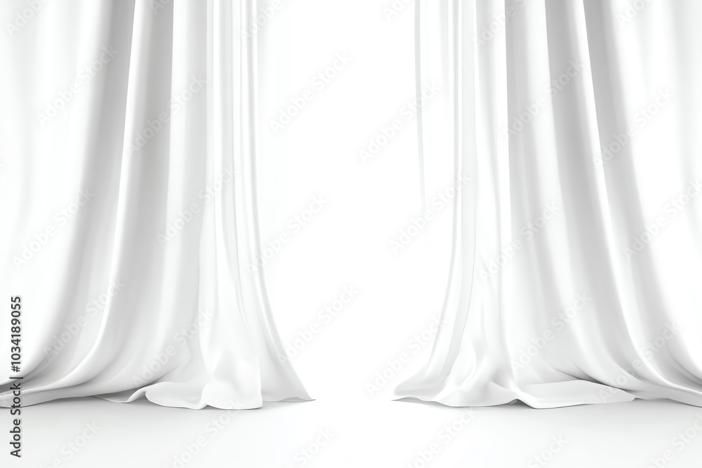 Elegant white curtains gracefully draped, framing a bright and airy space on a white background. Elegant white curtains gracefully draped, framing a bright and airy space on a white background.