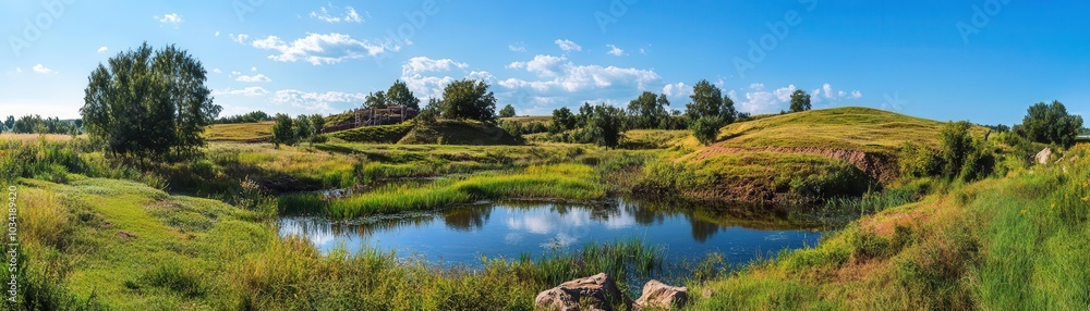 Serene rural landscape with a small pond, lush green grass, and scattered trees under a clear blue sky. Serene rural landscape with a small pond, lush green grass, and scattered trees under a clear blue sky.