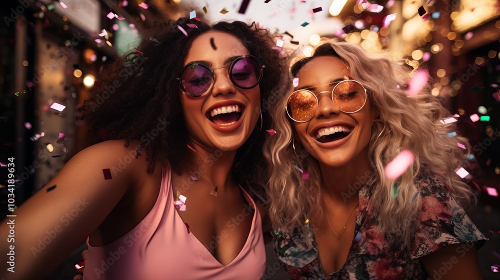 Two women, one with curly brown hair and one with blonde hair, laugh as confetti rains down around them. Two women, one with curly brown hair and one with blonde hair, laugh as confetti rains down around them.