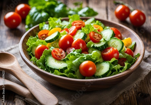 Close-up of Fresh healthy Vegetable Salad Bow in kitchen wood table