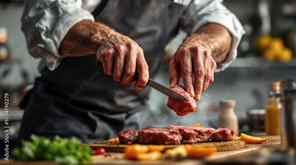 Chef cooking in kitchen close up of chef preparing meat culinary art in action Chef cooking in kitchen close up of chef preparing meat culinary art in action