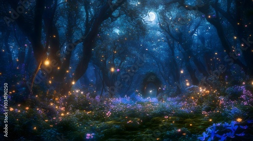 A serene forest glows softly with fireflies illuminating the pathway. Lush greenery and colorful flowers thrive in the moonlight, creating a mystical atmosphere.