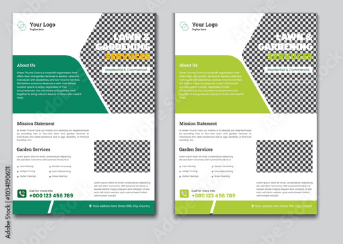 Flyer design template for lawn and gardening services. Design of a poster leaflet for gardening and tree services. Template for lawnmower flyers