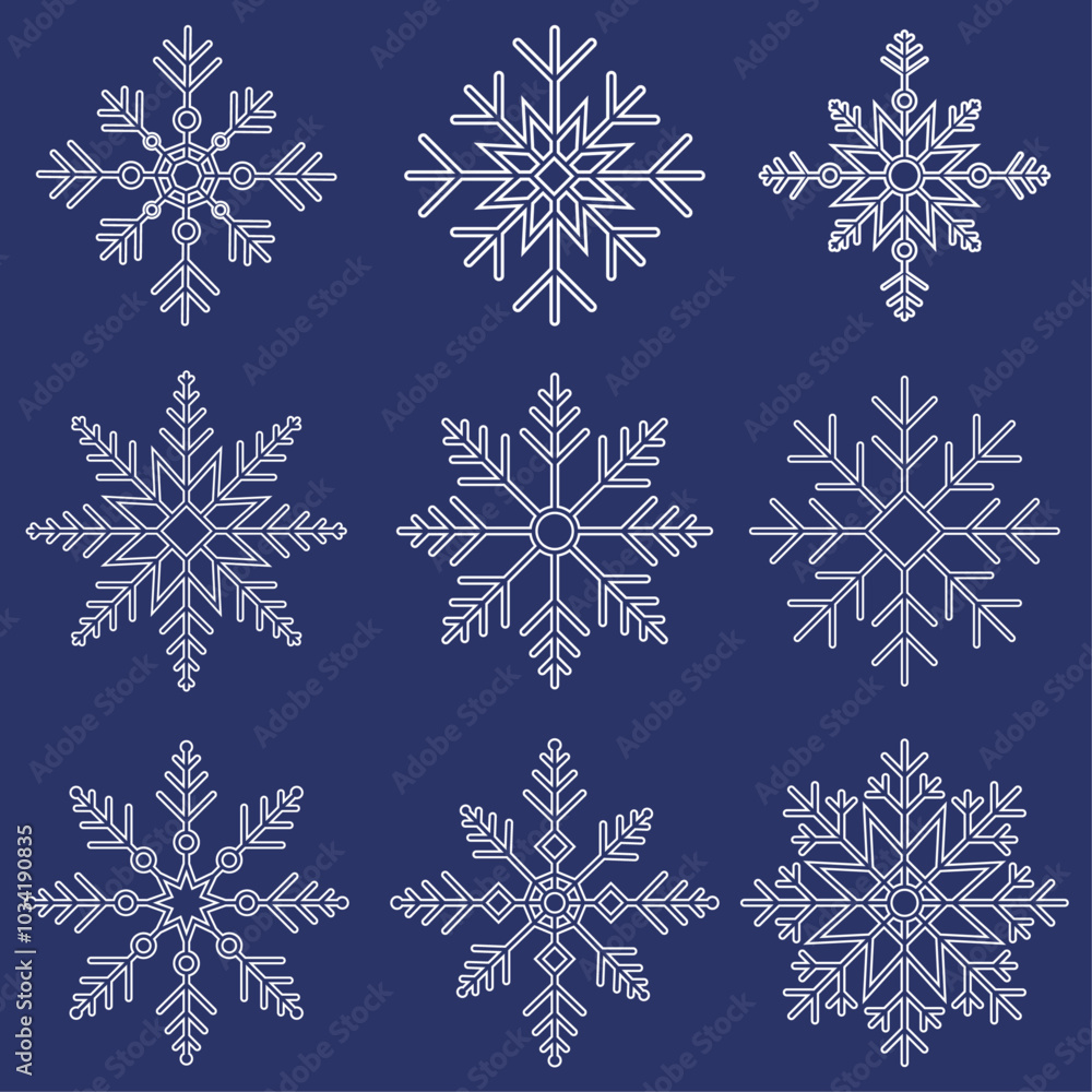 Set of winter snowflakes icons. Vector white snowflakes isolated on dark blue background. Set of winter snowflakes icons. Vector white snowflakes isolated on dark blue background.