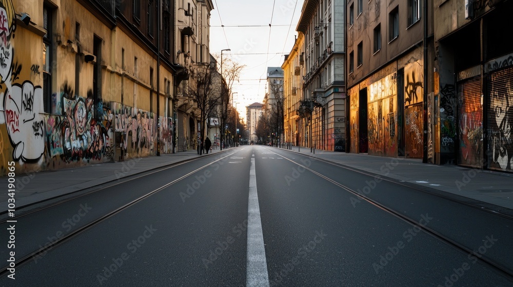 Abandoned urban street with graffiti on buildings at dusk, showcasing empty road and urban decay. Abandoned urban street with graffiti on buildings at dusk, showcasing empty road and urban decay.