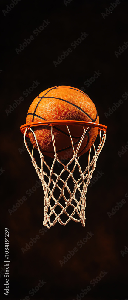 Fototapeta premium Dynamic action of a basketball suspended in mid-air perfectly nestled in a hoop against a dark background capturing the essence of sports and athleticism