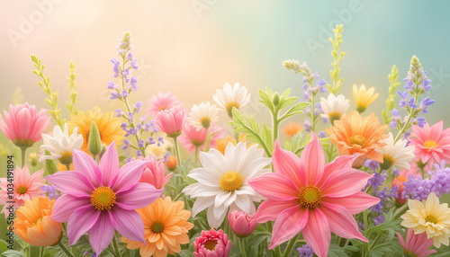 Close-up shot of a vibrant bouquet with seamless texture, soft lighting, and subtle gradient background