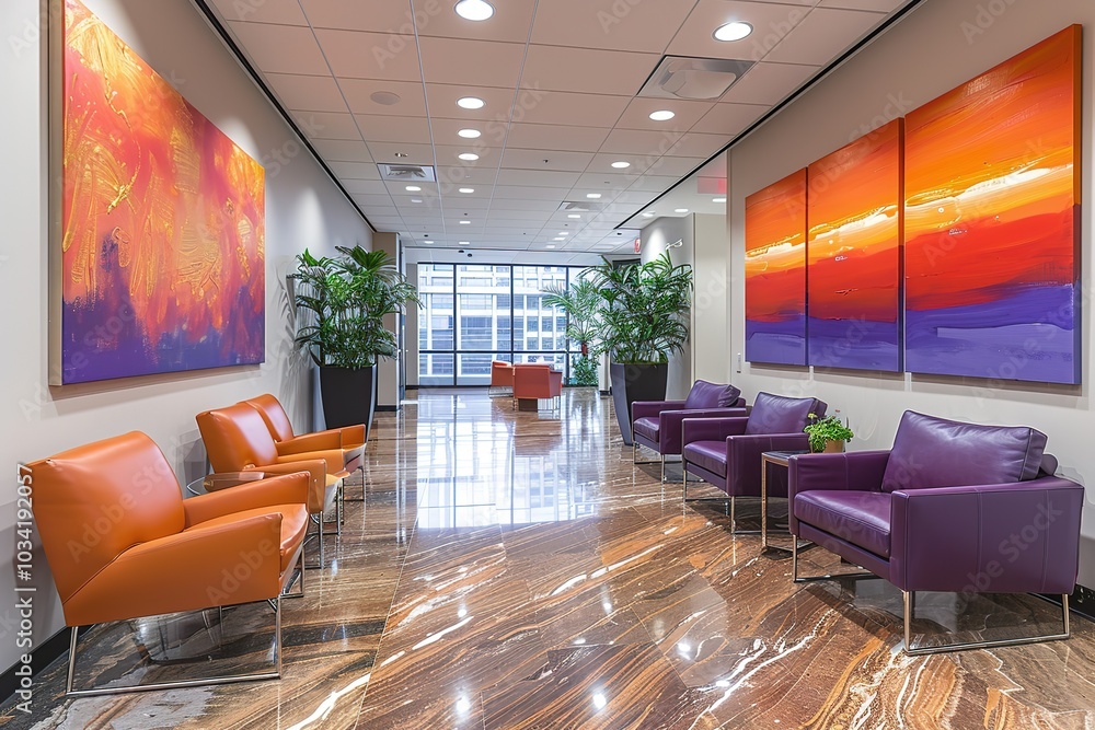 Naklejka premium A corporate office with modern art on the walls and comfortable seating, space for text