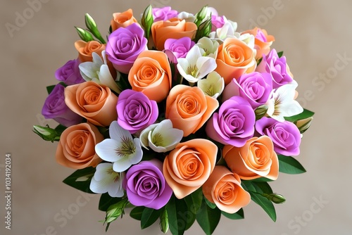 3D-rendered bouquet of roses and freesias, arranged with precision and vibrant colors