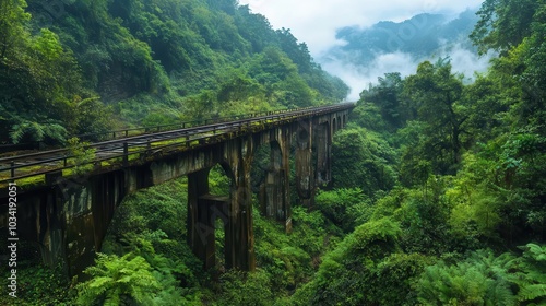 Old bridge in lush green rainforest with mist