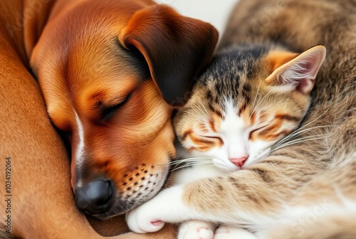 _. Cat and dog sharing a nap A cat and dog curled up together, s photo