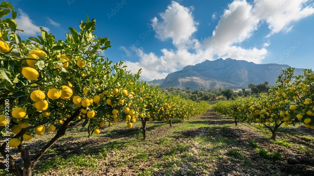 Naklejka premium Lemon orchard and mountain lanscape. 