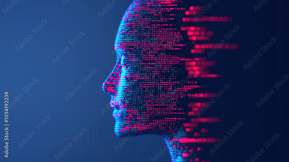 image depicts digital representation of human face, composed of binary code and vibrant colors, symbolizing intersection of technology and humanity