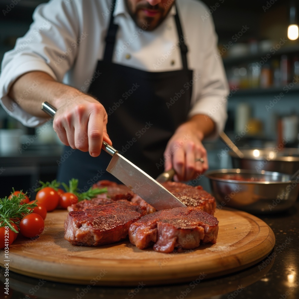 Chef cooking in kitchen close up of chef preparing meat culinary art in action Chef cooking in kitchen close up of chef preparing meat culinary art in action