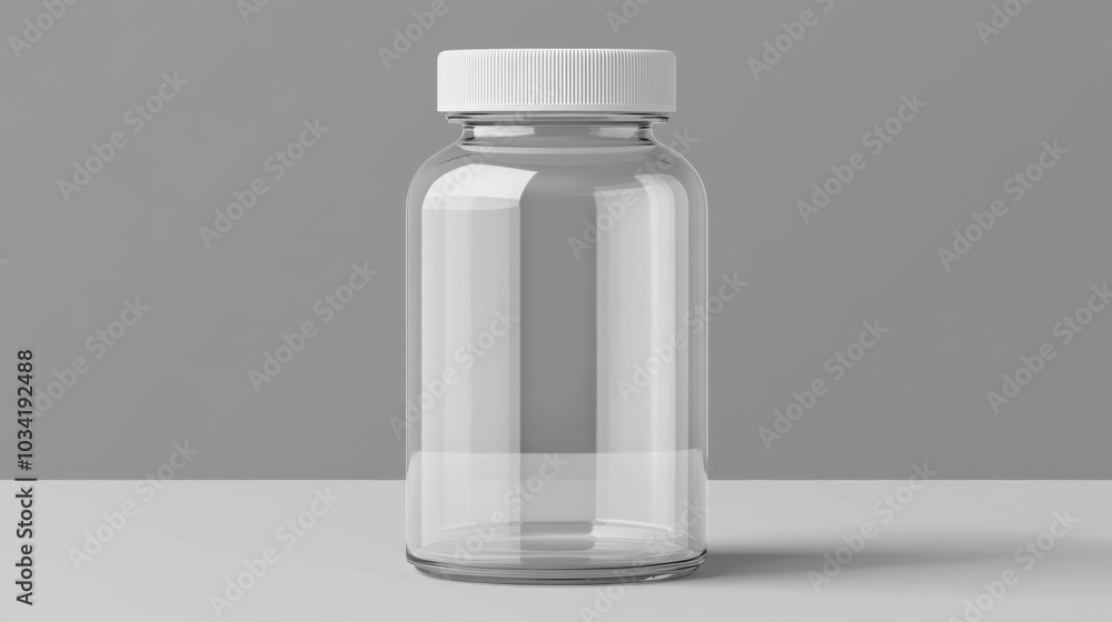 Glass bottle mockup with a white cap on a neutral grey background, perfect for showcasing branding or product labels in vector design Glass bottle mockup with a white cap on a neutral grey background, perfect for showcasing branding or product labels in vector design