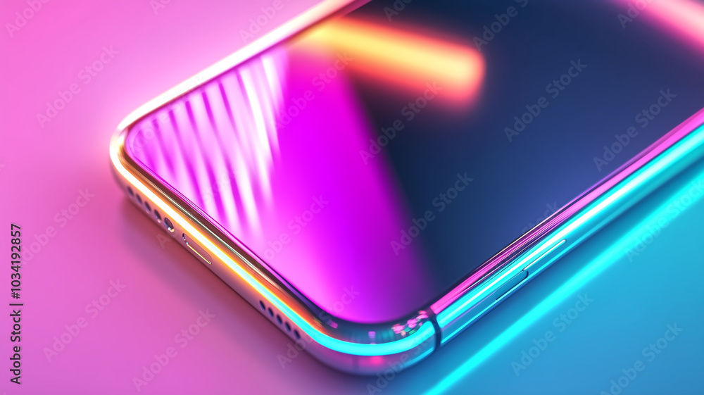close up view of smartphone showcasing its sharp edges and vibrant colors, reflecting blend of pink and blue hues. sleek design and modern aesthetics create captivating visual appeal close up view of smartphone showcasing its sharp edges and vibrant colors, reflecting blend of pink and blue hues. sleek design and modern aesthetics create captivating visual appeal