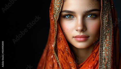 Stunning Portrait Of A Young Eastern Woman In Paranja Standing Out Against A Black Background