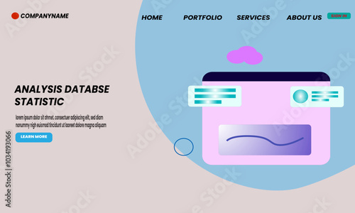 Vector landing page template design for statistical database analysis with wave background and monitor screen. Suitable for modern data presentations and statistical analysis services. eps 10