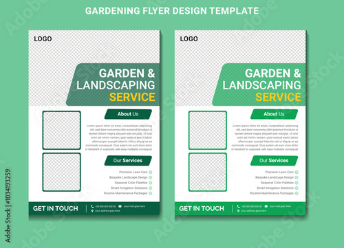 Flyer design template for lawn and gardening services. Design of a poster leaflet for gardening and tree services. Template for lawnmower flyers