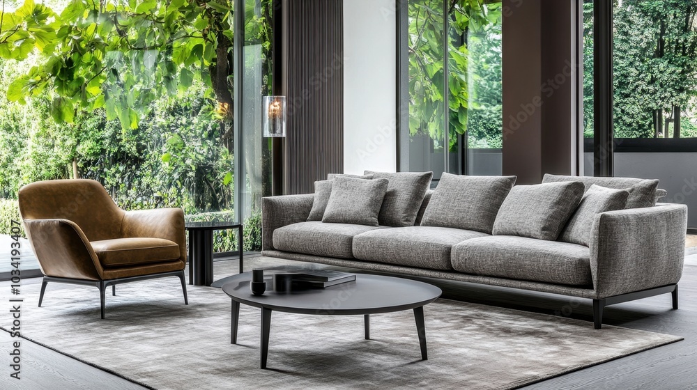 Interior of a luxurious living room with a grey sofa, armchair, and modern table by the window, highlighting minimalistic elegance Interior of a luxurious living room with a grey sofa, armchair, and modern table by the window, highlighting minimalistic elegance