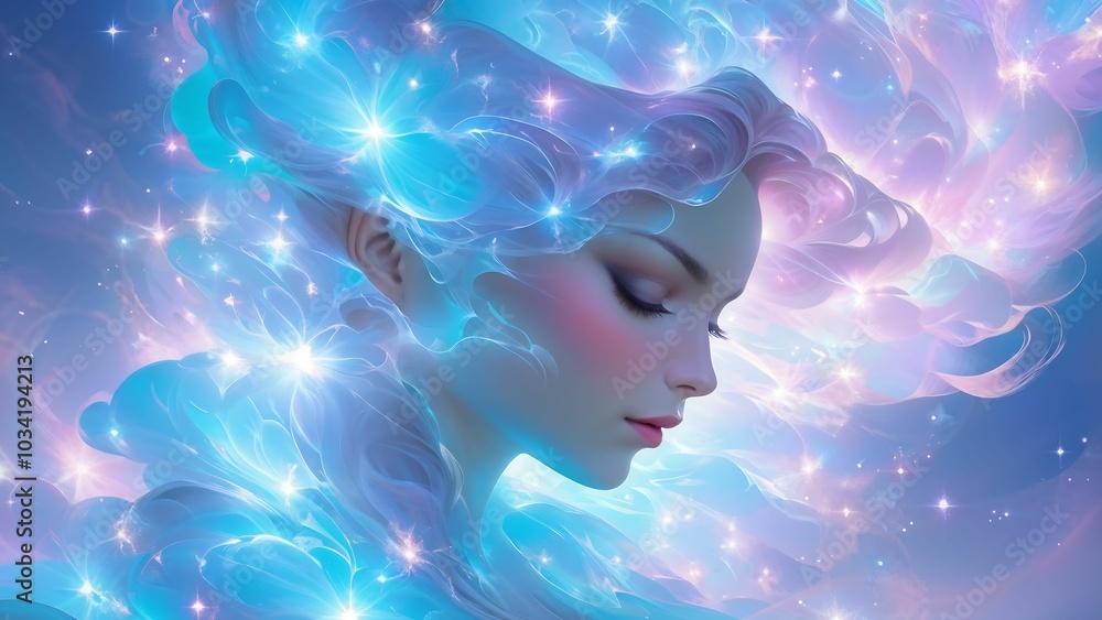 A heavenly woman with shining stars and flowing hair. The concept of feminine energy, dreams and tenderness A heavenly woman with shining stars and flowing hair. The concept of feminine energy, dreams and tenderness