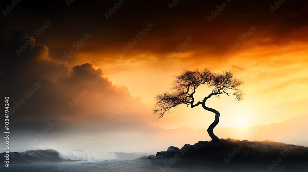 A gnarled, ancient tree standing alone on a desolate shoreline, its twisted branches reaching towards the sky as the sun sets in the background, casting a golden glow on the rough sea waves A gnarled, ancient tree standing alone on a desolate shoreline, its twisted branches reaching towards the sky as the sun sets in the background, casting a golden glow on the rough sea waves