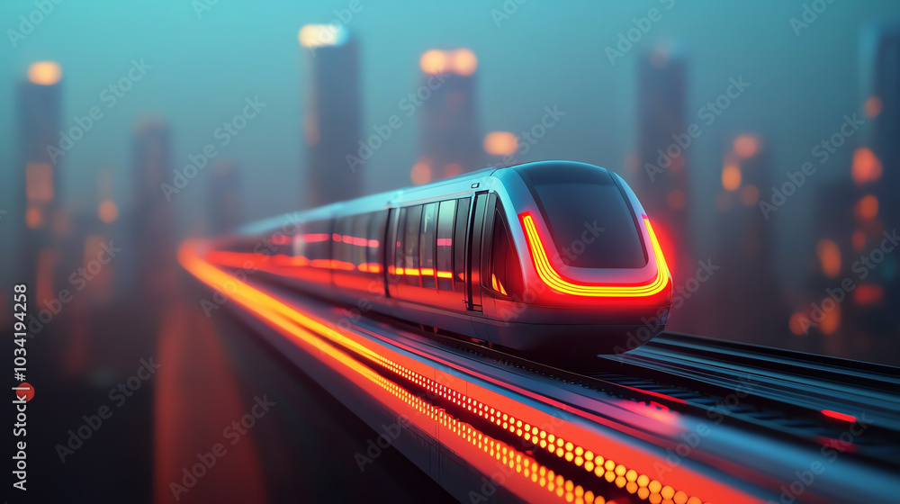 Futuristic train on elevated track, moody lights Futuristic train on elevated track, moody lights