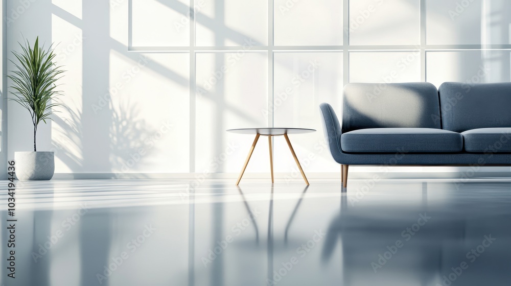 Fototapeta premium Luxurious living room with a grey sofa, armchair, and sleek table against large windows, bathed in soft natural light