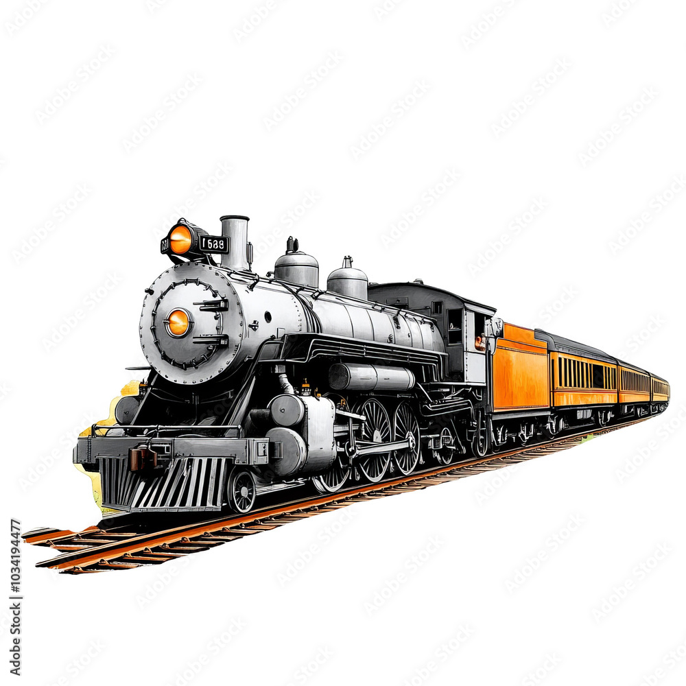 Obraz premium Vintage steam locomotive on tracks, white isolated background.