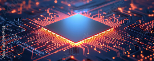 Obraz na płótnie Close up of advanced AI chip glowing with energy, showcasing intricate circuitry and vibrant connections. image captures essence of modern technology and innovation w salonie
