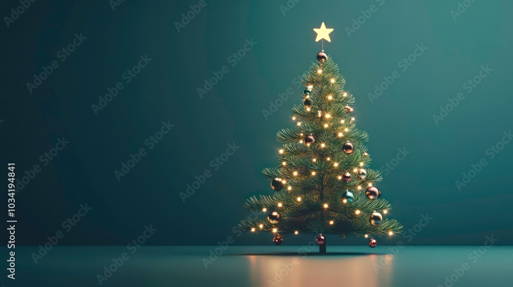 A decorated Christmas tree with twinkling lights and ornaments against a dark teal background. A decorated Christmas tree with twinkling lights and ornaments against a dark teal background.