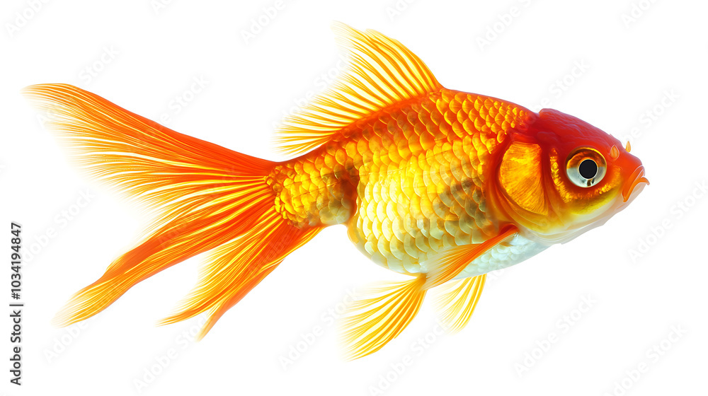 Fototapeta premium vibrant goldfish swimming gracefully, showcasing its bright orange and yellow hues, with delicate fins and shimmering body. This captures beauty and elegance of aquatic life