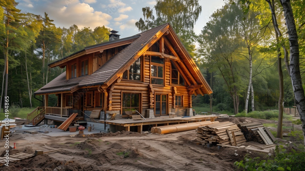 A builder constructs a log cabin surrounded by trees during the early evening, showcasing progress and natural beauty A builder constructs a log cabin surrounded by trees during the early evening, showcasing progress and natural beauty