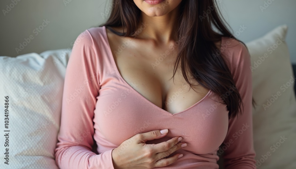 Elegant and Comfortable Portrait of a Woman in a Soft Pink Top, Perfect for Lifestyle Blogs, Fashion Content, and Health-Related Articles Depicting Femininity and Self-Care Elegant and Comfortable Portrait of a Woman in a Soft Pink Top, Perfect for Lifestyle Blogs, Fashion Content, and Health-Related Articles Depicting Femininity and Self-Care