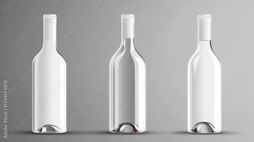 Minimalist glass bottle mockup with a white cap in vector style, set against a grey backdrop, ready for product label design Minimalist glass bottle mockup with a white cap in vector style, set against a grey backdrop, ready for product label design