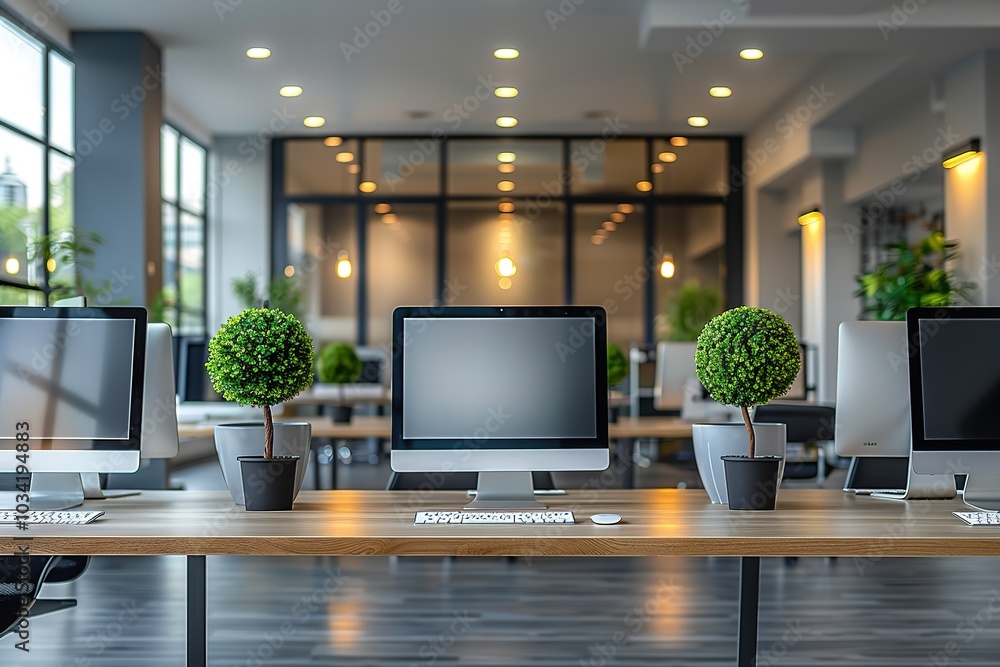 A corporate workspace with modern computers and clean design, space for text A corporate workspace with modern computers and clean design, space for text