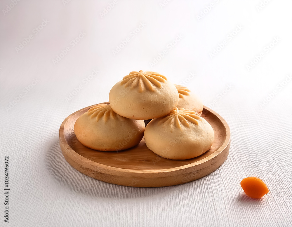 Chinese New Year cookies placed on a wooden stand, with a clean white background Chinese New Year cookies placed on a wooden stand, with a clean white background
