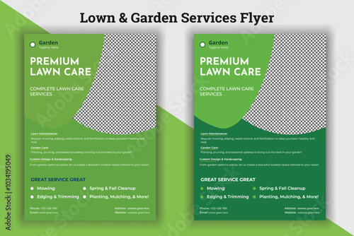 Flyer design template for lawn and gardening services. Design of a poster leaflet for gardening and tree services. Template for lawnmower flyers