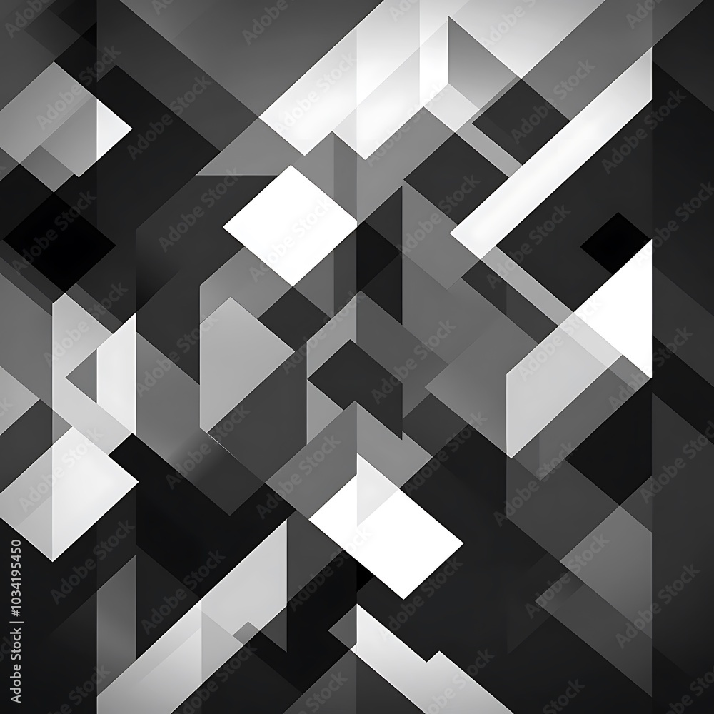 Obraz premium A geometric abstract design featuring various shapes and shades of black and white.