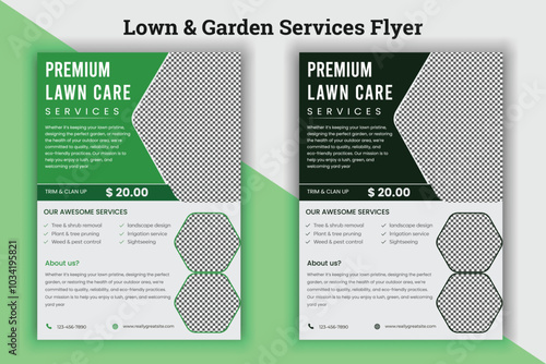 Flyer design template for lawn and gardening services. Design of a poster leaflet for gardening and tree services. Template for lawnmower flyers