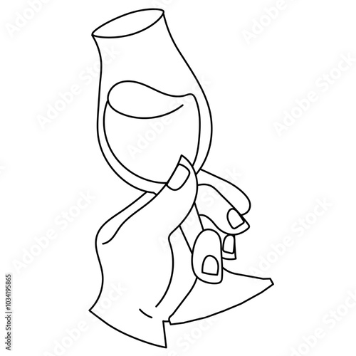 Hand with wine glass. Holiday celebration, festive moment or sommelier degustation icon, line art vector illustration isolated on white background.