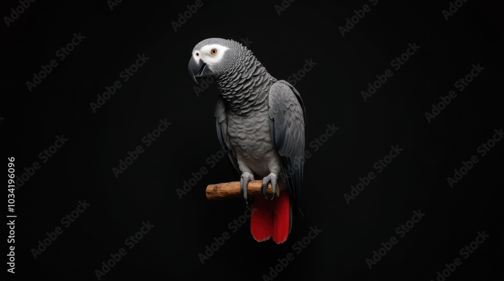 Fototapeta premium A striking African grey parrot perches gracefully on a simple wooden branch, set against a minimalist studio background