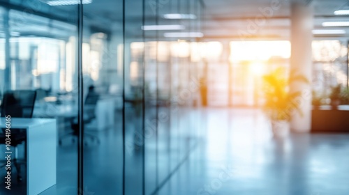 Wallpaper Mural Modern office interior with glass walls, blurred background, and white table in focus, showcasing minimalism and openness Torontodigital.ca